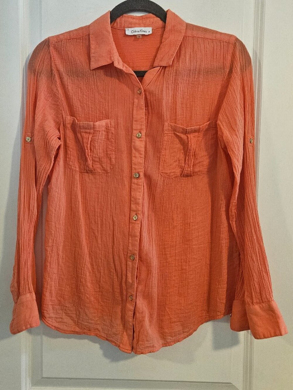 Calvin Klein 100% Cotton Gauze Button Front Shirt Small Coral Roll Tab Sleeve